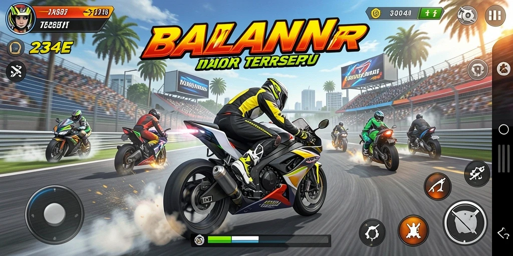 Tampilan seru dari gameplay balapan motor dalam 234E.