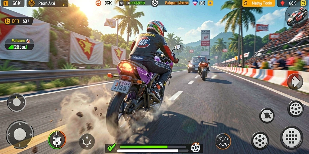 Screenshot gameplay 66K dengan balapan motor yang mendebarkan.