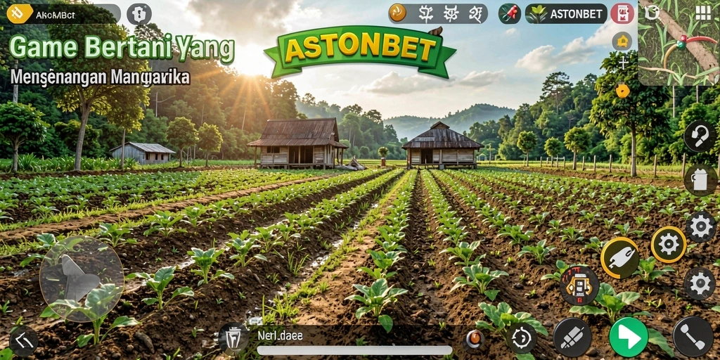Tampilan gameplay ASTONBET yang menampilkan ladang dan petani yang aktif.