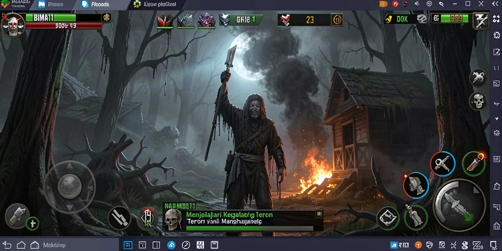 Screenshot gameplay BIMA11 yang menunjukkan suasana horor yang mencekam.