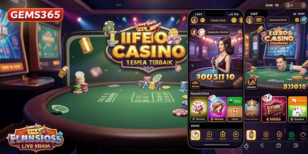 Screenshot GEMS365 menampilkan dealer langsung dalam aksi permainan meja yang mendebarkan.