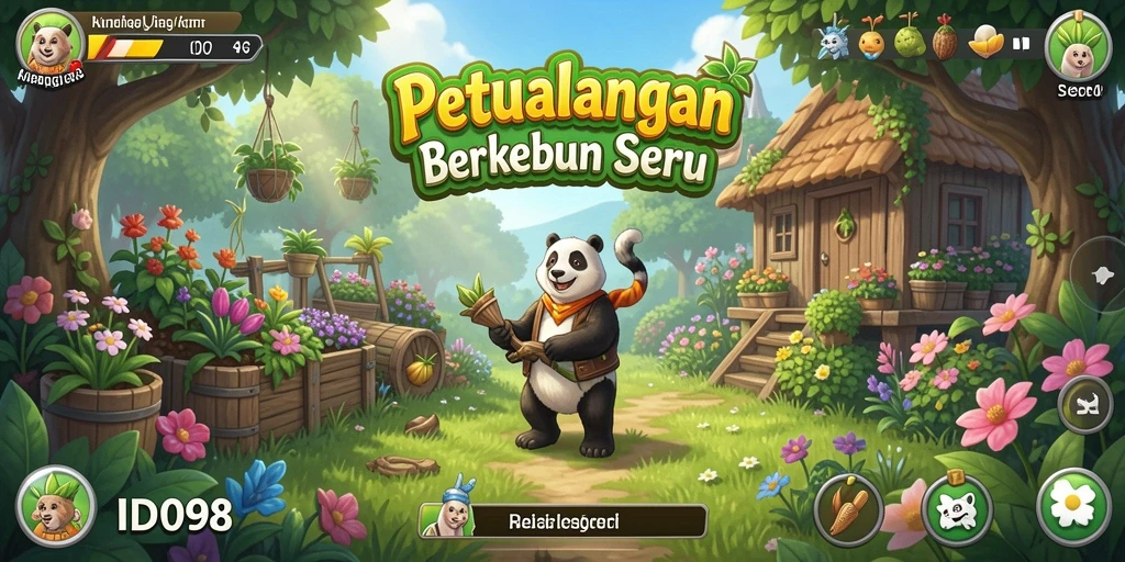 Tampilan gameplay ID098 menunjukkan suasana berkebun yang ceria dan interaktif.