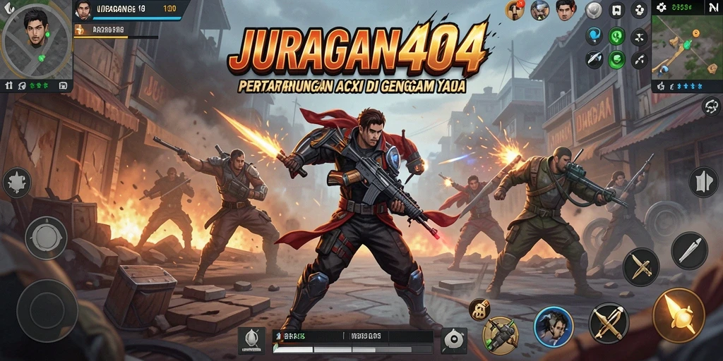 Tampilan aksi seru dalam JURAGAN404 dengan karakter beragam.