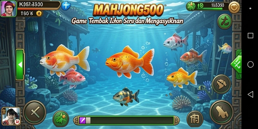 Screenshot gameplay <strong>MAHJONG500</strong> menampilkan aksi menembak ikan yang seru dan mendebarkan.