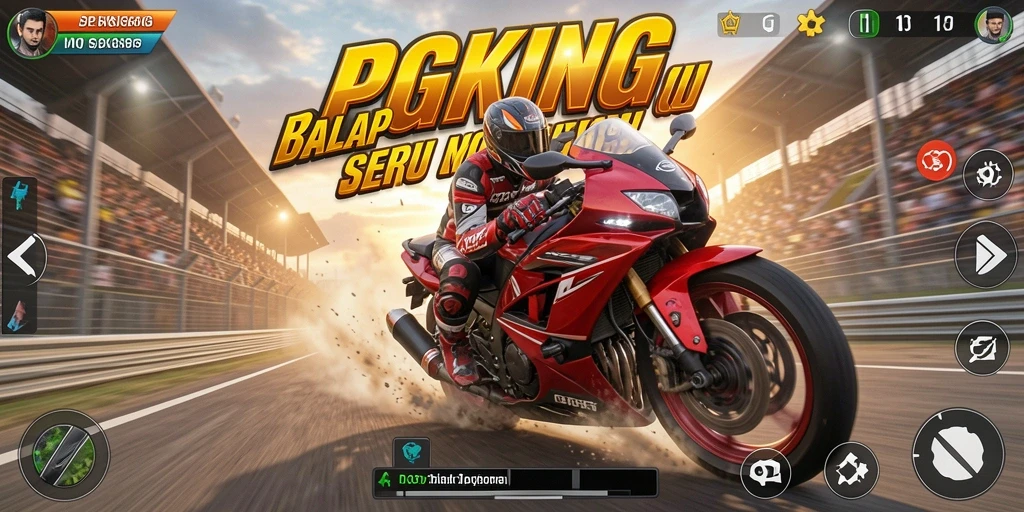 Screenshot utama PGKING menampilkan aksi balap motor yang mendebarkan.