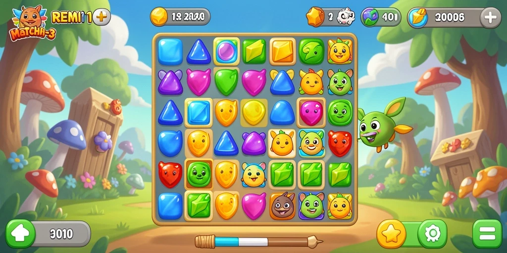 Tangkapan layar REMI101 menampilkan gameplay yang seru dan penuh warna dalam Match-3.