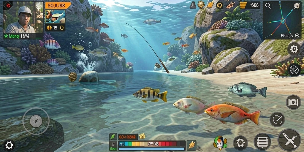 Screenshot utama SOJU88 menampilkan aksi memancing di laut yang menakjubkan.