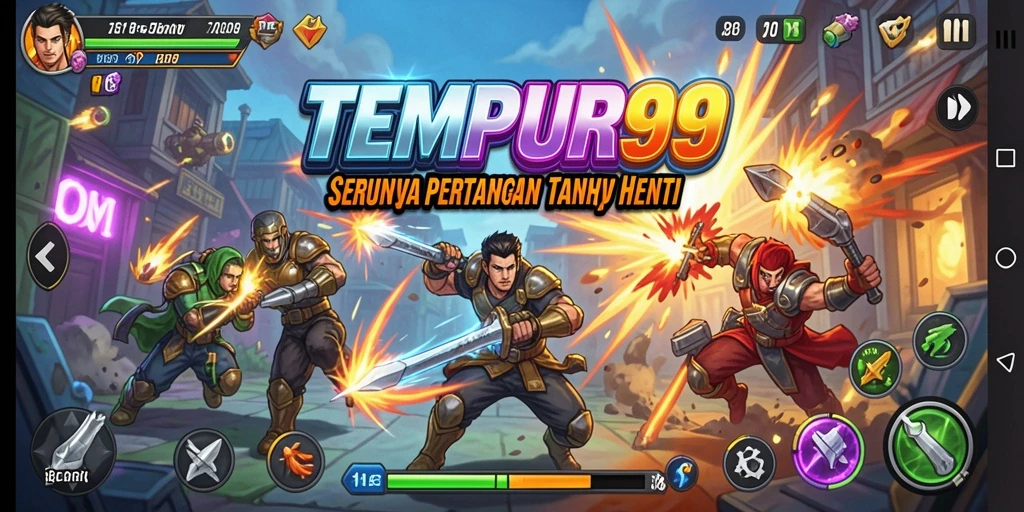 Screenshot TEMPUR99 menampilkan aksi pertempuran Arcade yang dinamis.
