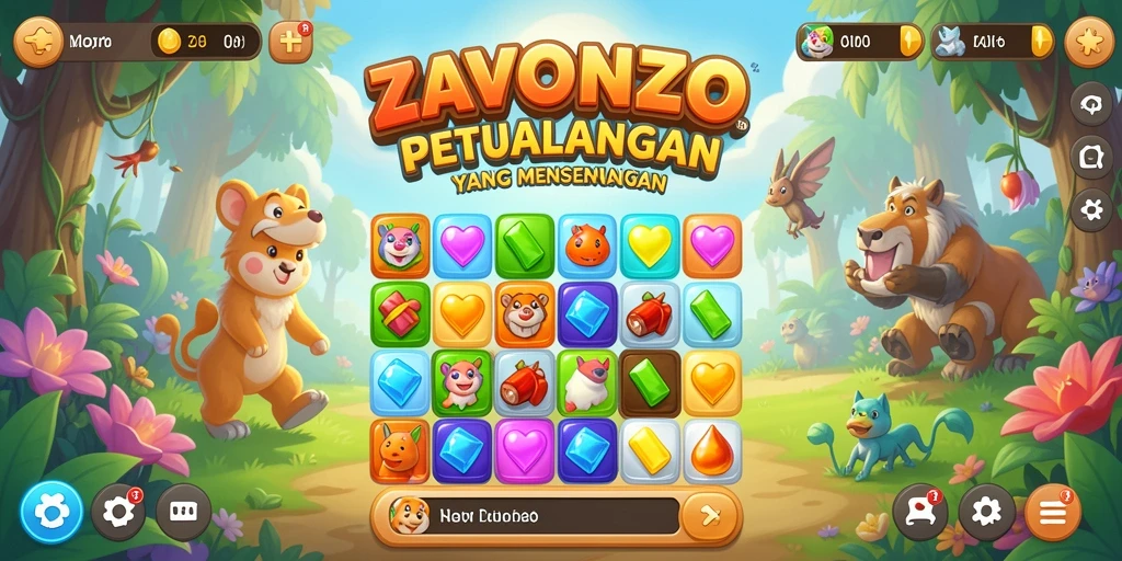 Tampilan gameplay seru ZAVONZO dengan elemen Match-3 yang berwarna-warni.